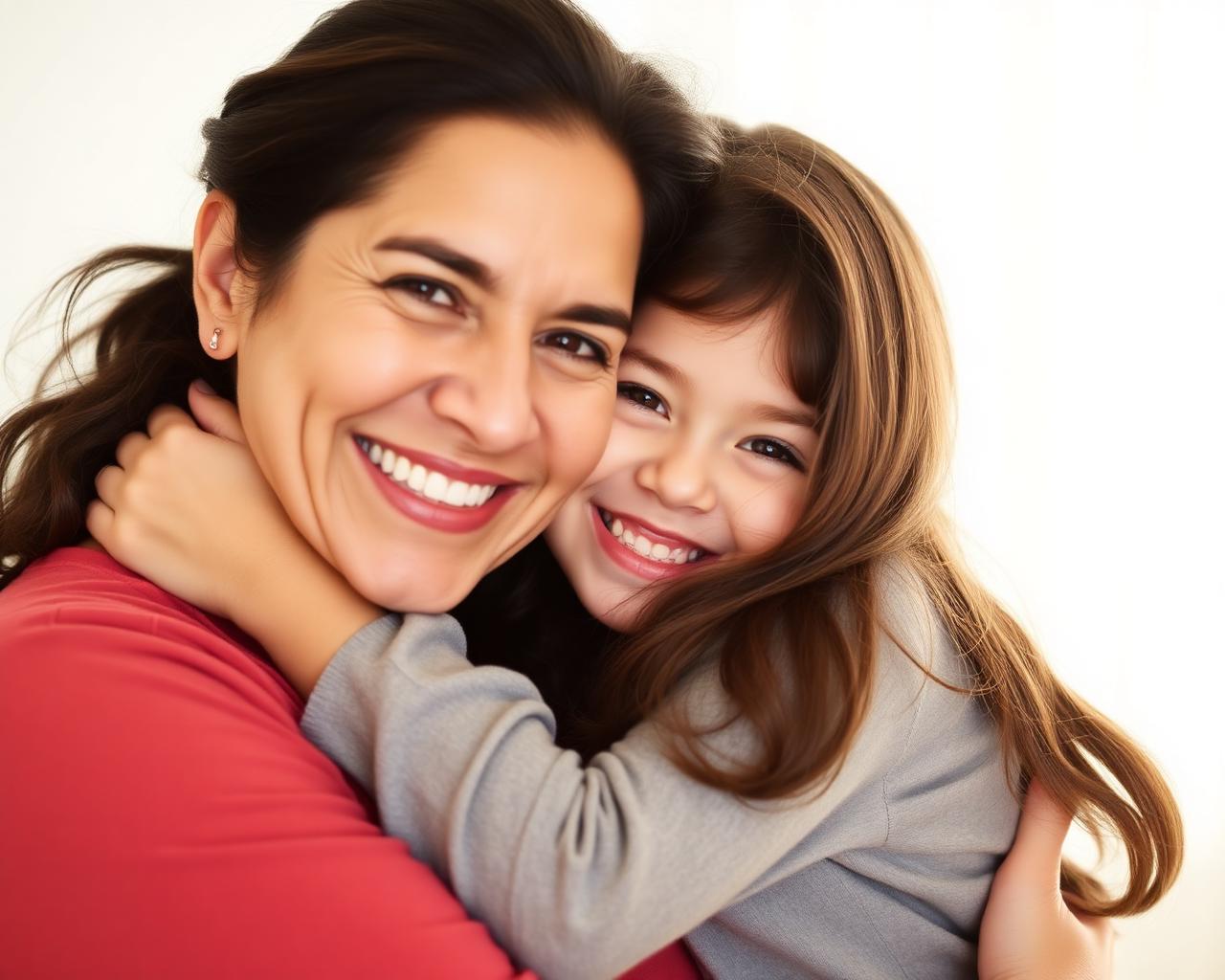 Mother hugging her daughter, secure and happy
